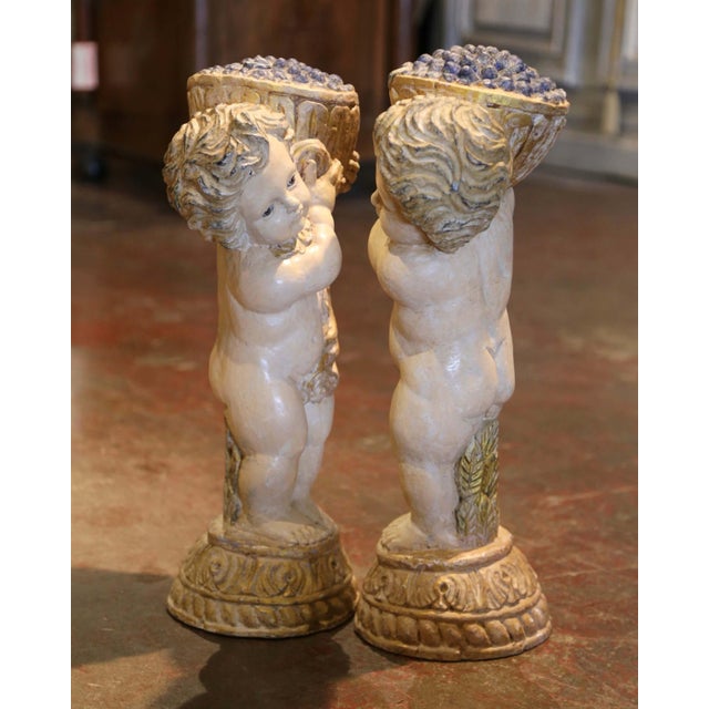 Wood Pair 19th Century Italian Carved Polychrome and Painted Young Bacchus Statues For Sale - Image 7 of 10