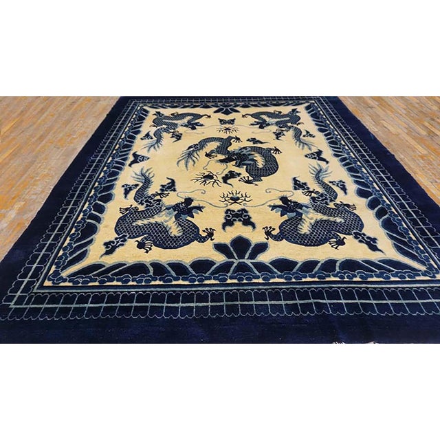 Textile Phenomenal Ivory and Blue Color With Dragon Design Antique Chinese Peking Rug For Sale - Image 7 of 12