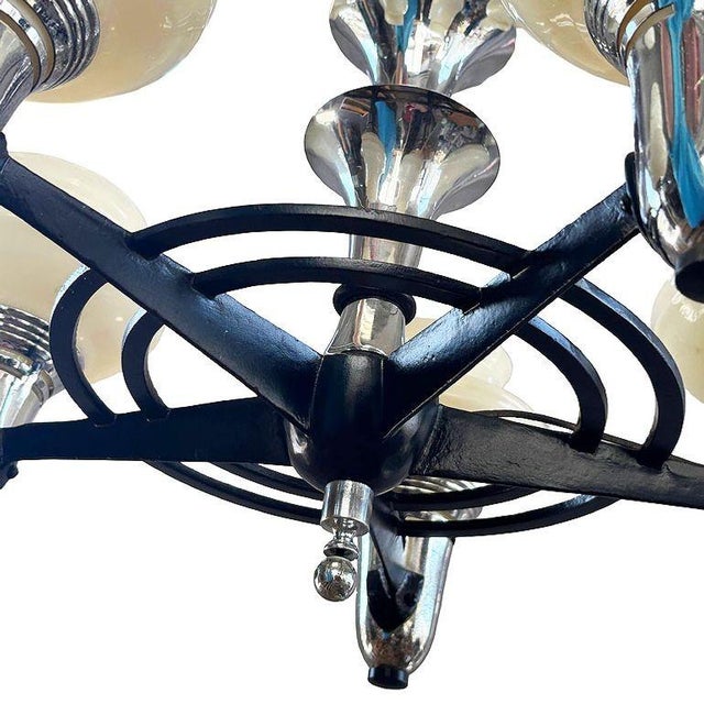 Mid 20th Century Art Deco Streamline Moderne Five-Light Chandelier With Opaline Glass Shades For Sale In Los Angeles - Image 6 of 6