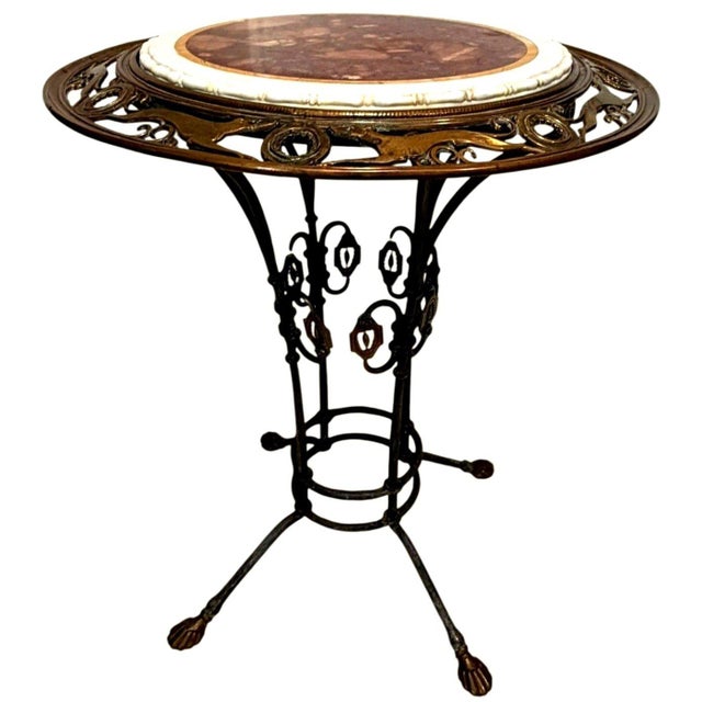 Antique Wrought Iron Brass Greyhound Gueridon Table Inlaid Marble Top 22" For Sale In Dallas - Image 6 of 14