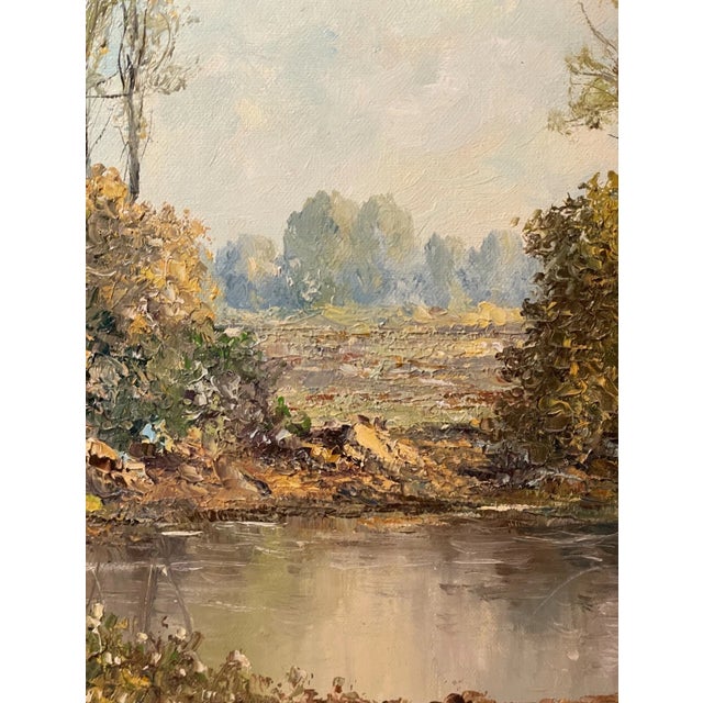 Vintage Original Hans Leich Oil Painting Realism Pond Landscape on Canvas For Sale - Image 11 of 12