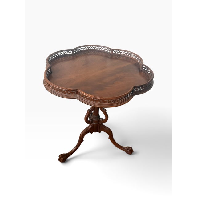 Chippendale Vintage Mahogany Quatrefoil Occasional Table With Pierced Gallery & Carved Tripod Base For Sale - Image 3 of 13
