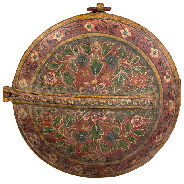 Substantial metalwork meets intricate hand-painted ornament in this estate-attributed Indonesian storage vessel. Weighing...