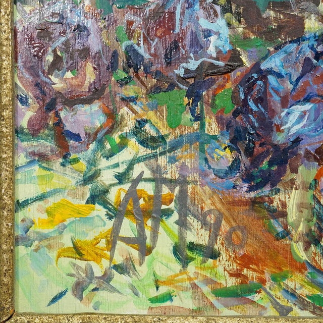 Wood Sunflower Field With Chickens – Original Oil Painting by Alexander Michael, 1990 For Sale - Image 7 of 9