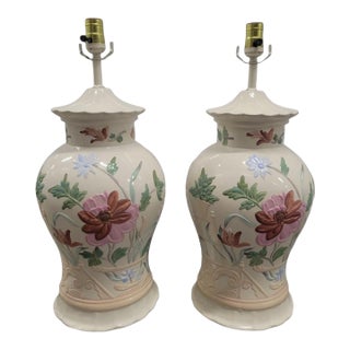 ​Vintage Chinoiserie Floral Pink Green Pagoda Ginger Jar Table Lamps - A Pair For Sale