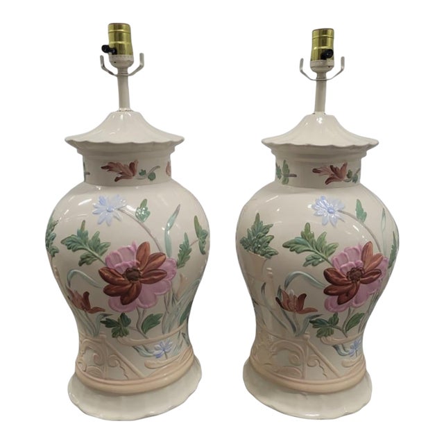 ​Vintage Chinoiserie Floral Pink Green Pagoda Ginger Jar Table Lamps - A Pair For Sale