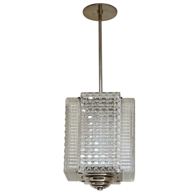 Mid 20th Century Rectangular 4 Panel Architectural Lantern, Art Glass, Polished Nickel & Chrome Stem For Sale - Image 9 of 14