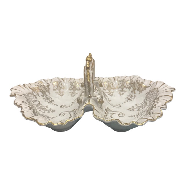 Antique White & Gold Porcelain Divided Serving Dish With Ornate Gilt Handle For Sale