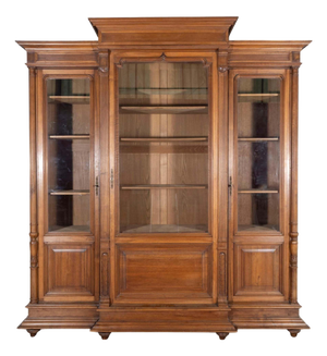 French Solid Walnut Bookcase with Carved Columns, Late 19th Century