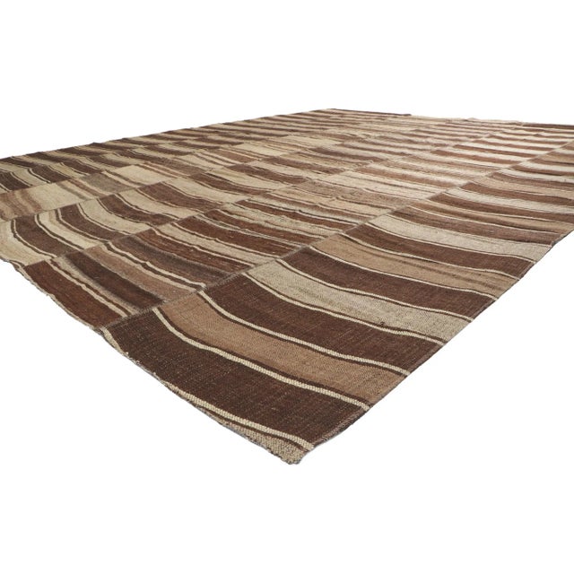 60636 Vintage Turkish Kilim Rug with Earth-Tone Colors, 12'03 x 15'04. Wabi-Sabi embraces rustic finesse in this handwoven...