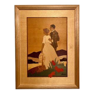 Vintage Hudson River Inlay Marquetry Framed "Hilltop Couple" by Nelson For Sale