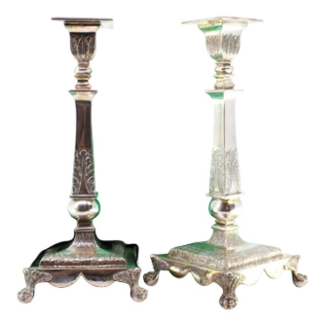 Silver Candlesticks with Engravings of Flowers and Palms, Set of 2 For Sale