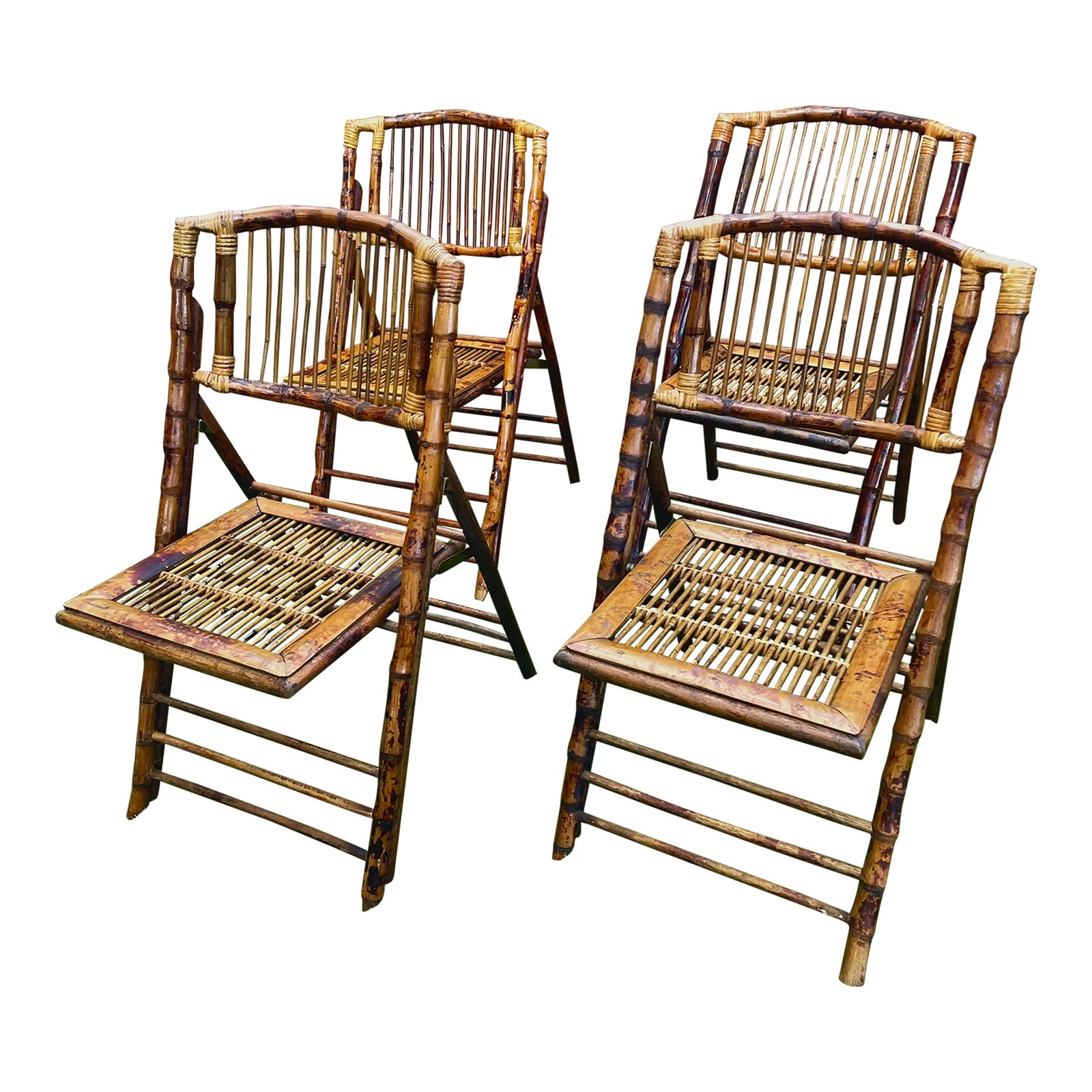 Mid 20th Century Vintage Tortoiseshell Bamboo Folding Chairs