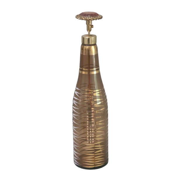 Glass Vintage Bohemian Amber Gilded Glass Jewel Top Pump Tall Perfume Bottle For Sale - Image 7 of 7
