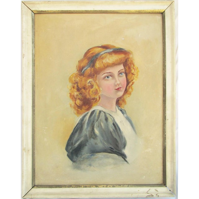 1930s Girl in Blue Dress Oil Painting For Sale - Image 10 of 10