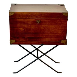 Campaign Style Lift-Top Writing Chest on Folding Iron Stand | Mid-Century British Colonial For Sale
