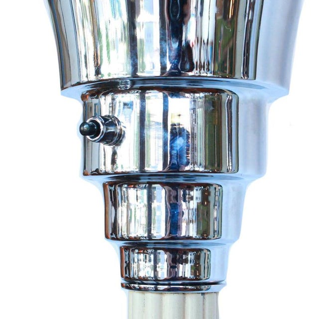 An art deco, matched pair of uplighter lamps. Reeded ivory bakelite rod. Black bakelite base. Fully refurbished, re-wired...