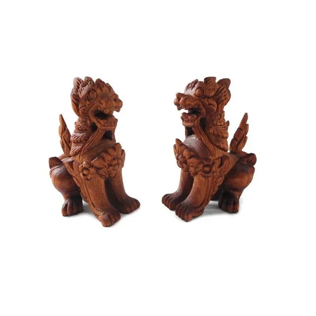 Asian 1950s Thai Carved Wood Singha Temple Lion Figurines Set of 2 For Sale - Image 3 of 10
