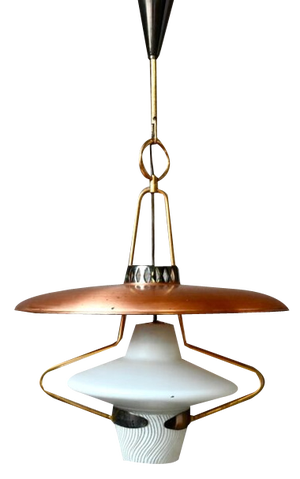 Large Suspension Lantern in Glass and Golden Brass, 1950s
