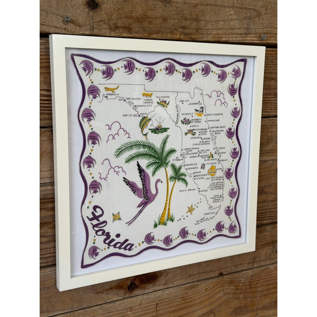 Vintage Florida State Map Handkerchief Framed– Coastal Flamingo Motif For Sale - Image 9 of 12