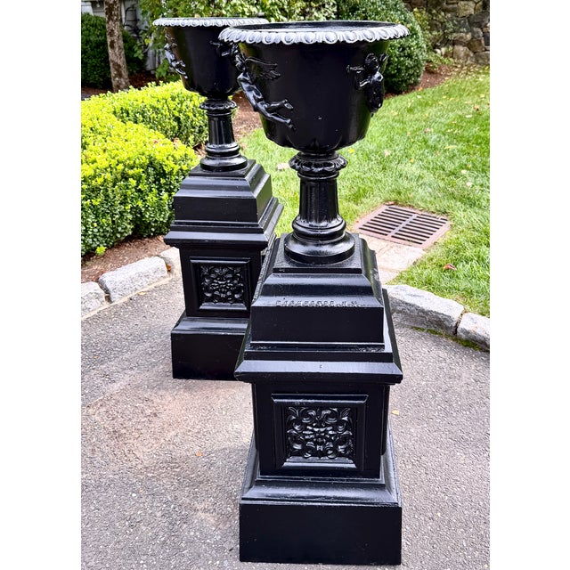 Large Antique Black Cast Iron Garden Urns on Pedestals, Pair, Circa 1900 For Sale In New York - Image 6 of 18
