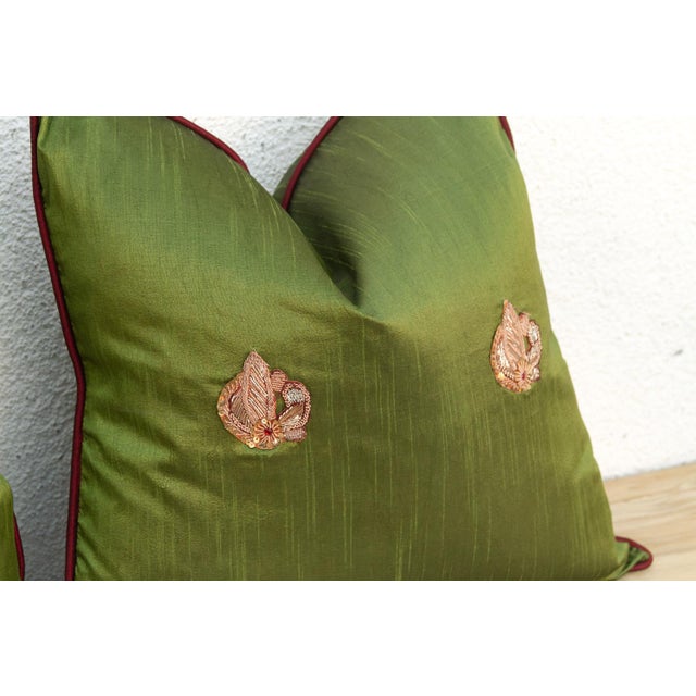 Pair of Morya Green Zardozi Pillows For Sale - Image 4 of 6
