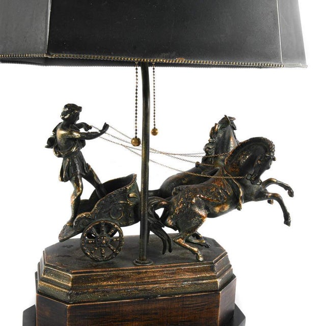 Neoclassical Cast Metal Horse and Chariot Figural Desk Lamp With Black Metal Shade For Sale - Image 4 of 4