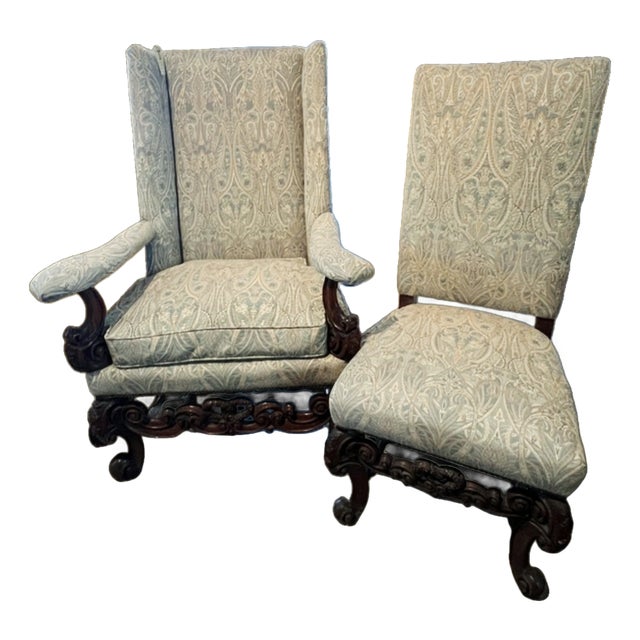 Early 20th Century Pair of William & Mary Style High Back Carved Chairs Newly Reupholstered For Sale