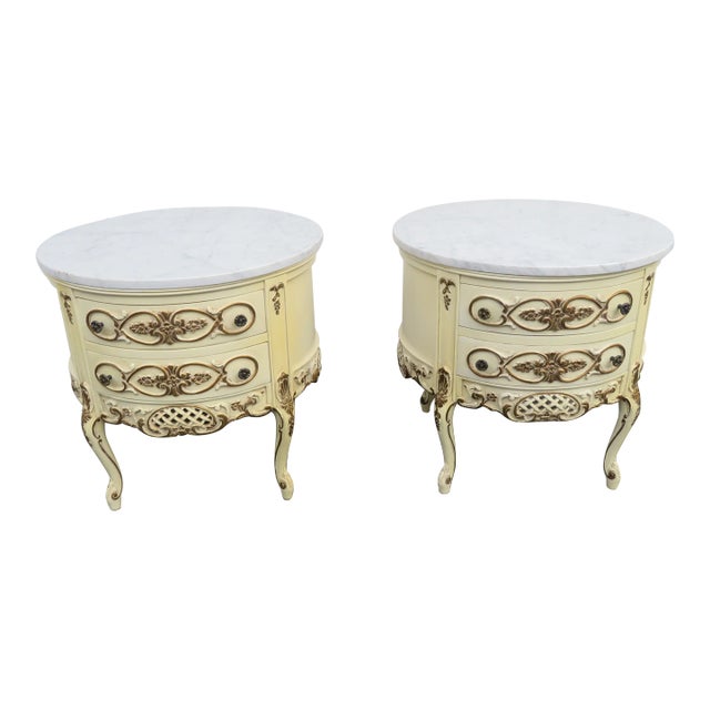 French Marble Top Carved Painted Round Nightstands Side End Tables a Pair 5697 For Sale