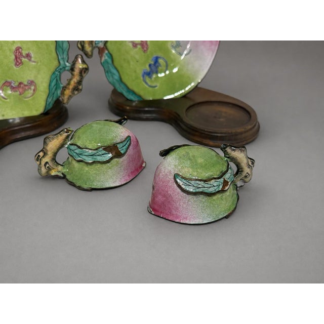 19th Century Pair, Qing Dynasty Chinese Canton Enamel 'Peach' Cups and Saucers For Sale - Image 5 of 6
