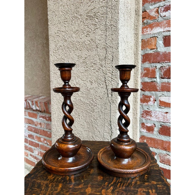 Antique English Oak OPEN Barley Twist Candlesticks Jacobean Pair c1890 11.0” Direct from England, a stunning pair of...
