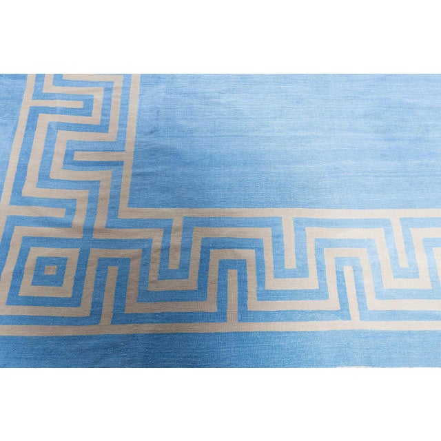 Sky Blue Doris Leslie Blau Indian Dhurrie Vintage Blue Flatweave Cotton Rug Greek Key For Sale - Image 8 of 8