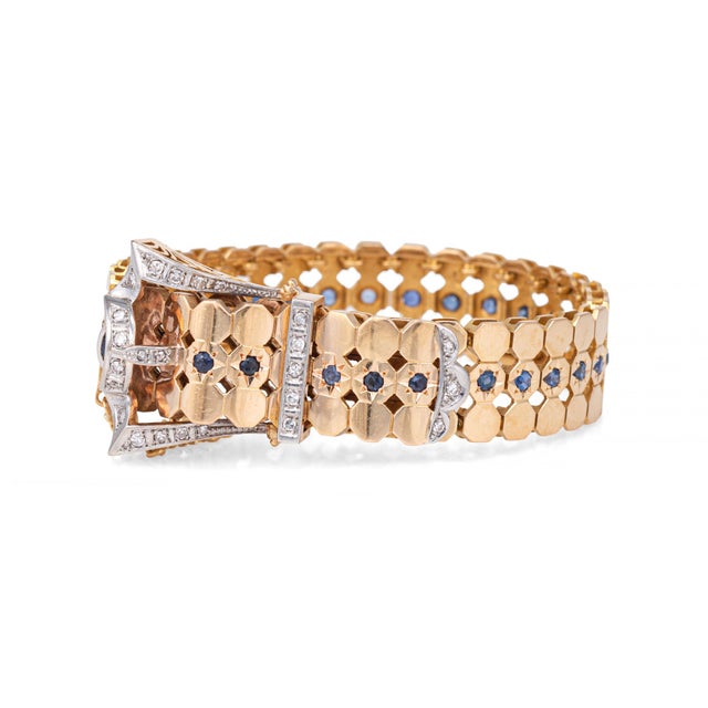 1940s Portuguese Retro Buckle Bracelet Sapphire 19k Rose Gold 7" Fine Jewelry For Sale - Image 4 of 5
