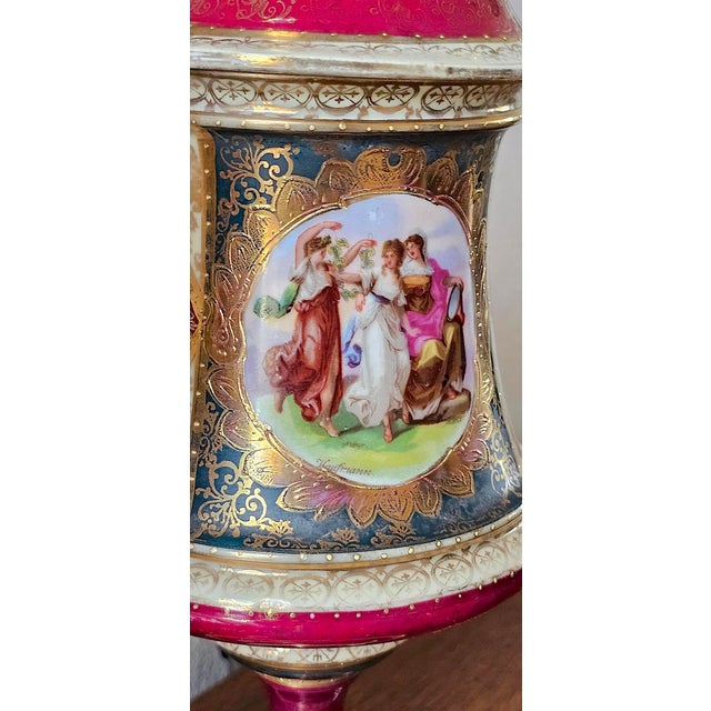 Pair of Antique Austrian Porcelain Urns, Hand-Painted Figural Scenes, Heavy Gilt, C. 1900 For Sale - Image 10 of 18