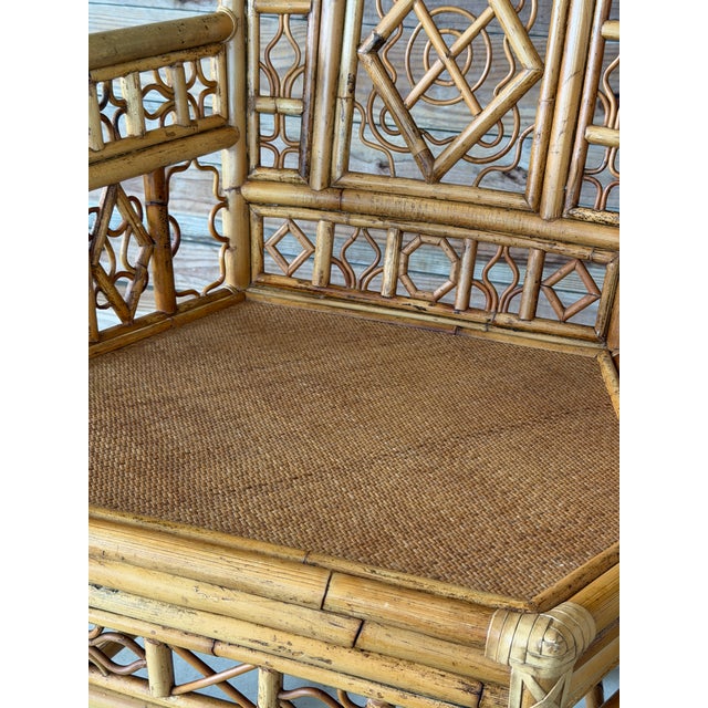 Pair Vintage Brighton Pavilion Style High-Back Fretwork Bamboo Rattan Armchairs For Sale In Naples, FL - Image 6 of 12