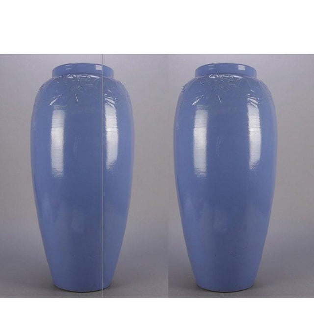 Early 20th Century 2 Arts & Crafts McCoy School Pottery Periwinkle Swags & Bows Floor Vases For Sale - Image 11 of 11