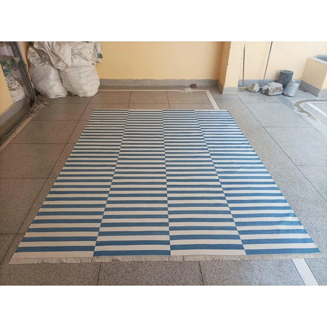 Handmade Cotton Striped Rug, Up Down Stripe Blue and White - 10'x11' For Sale - Image 9 of 10