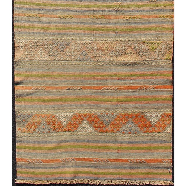 Tribal Vintage Turkish Kilim Rug With Stripe Design in Soft Earth Tones 2'9 X 9'7 For Sale - Image 3 of 10