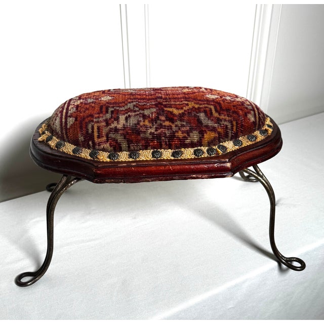 Spanish Revival Vintage Spanish Revival Upholstered Mahogany Wood & Metal Low Stool, Oxblood Red, Rust, Gold For Sale - Image 3 of 12