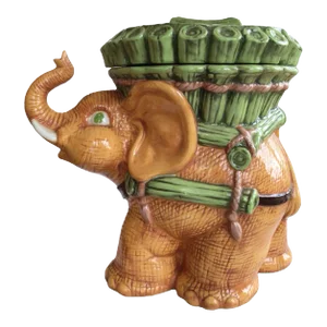 1960s Elephant and Bamboo Motif Lidded Ceramic Storage Jar
