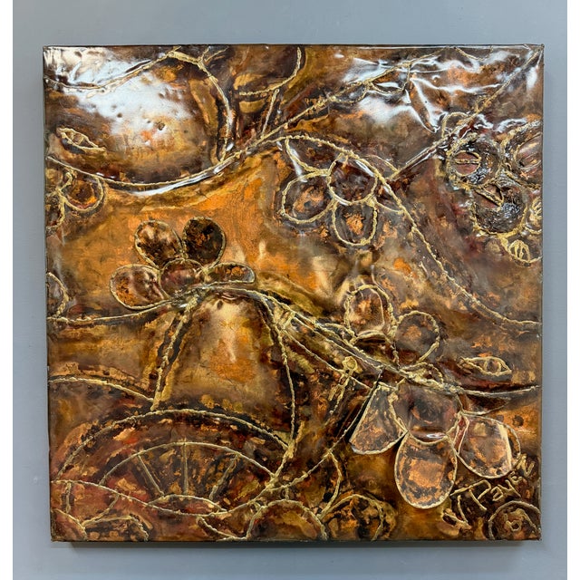 Mid-Century Modern Vincent Payez Signed 1967 Torch Copper Wall Art, Brutalist Floral Repoussé Panel For Sale - Image 3 of 13