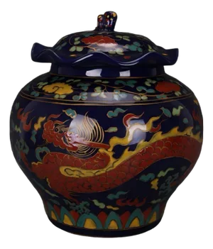 Chinese Vintage Ceramic Pot,Ming Dynasty Xuande Marked Blue Ground Famille Verte Porcelain Lid Jar Hand Painted Dragon Pattern