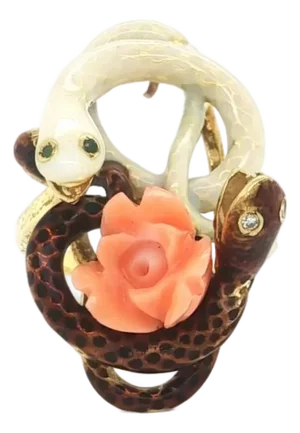 Mid 20th Century Double Snake Rose Ring Coral Enamel Gems 18K Yellow Gold Size 5