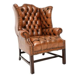 Deep Buttoned Leather Wing Back Armchair, 1930s For Sale