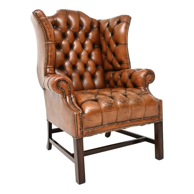 Deep Buttoned Leather Wing Back Armchair, 1930s For Sale
