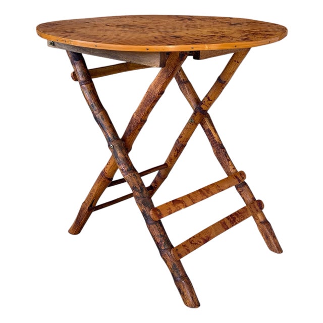 Vintage Boho Tortoise Rattan and Bamboo Slat Folding Side Table For Sale