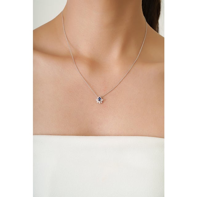 American Vintage-Inspired Blue Sapphire & Diamond Floral Pendant Necklace 14k White Gold For Sale - Image 3 of 14