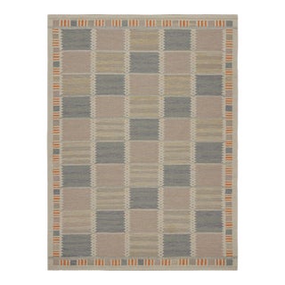 Rug & Kilim’s Scandinavian Style Rug With Beige-brown and Blue Patterns 12x18 For Sale