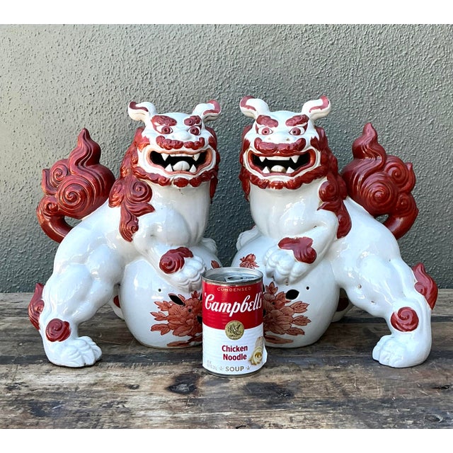 Chinoiserie Vintage Asian Glazed Ceramic Foo Dogs - Set of 2 For Sale - Image 3 of 12