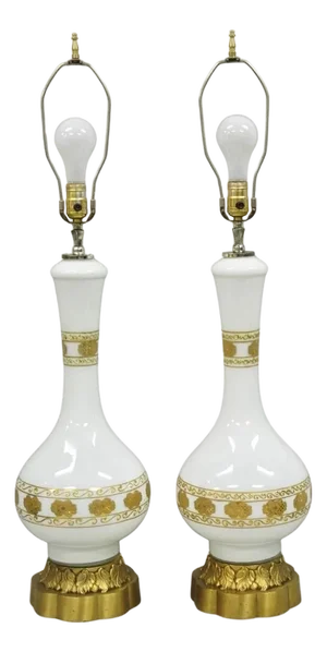 Vintage Hollywood Regency White Glass Gold Gilt Jardiniere Table Lamps - A Pair